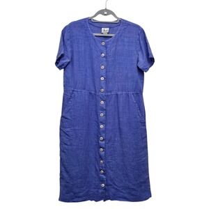 Vintage Mishi Button Down Dress‎ Womens L Blue Linen Short Sleeve Coastal Pocket